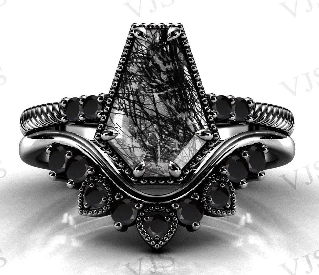 Black Rutilated Quartz Engagement Ring Set Coffin Shape Rutile Art Deco Wedding Ring Set Antique Rutile Bridal Ring Black Metal Ring For Her