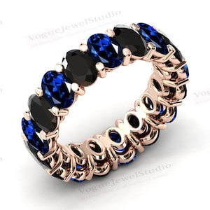 Art Deco Black Onyx Eternity Wedding Band 14k Gold Blue Sapphire Engagement Band Vintage Cluster Wedding Band Unique Promise Band For Women