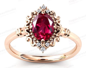 Oval Cut Ruby Engagement Ring Antique Ruby Wedding Ring Filigree Engagement Ring 14k Gold Art Deco Ruby Bridal Promise Ring Anniversary Gift