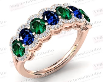 Antique Emerald Eternity Band For Women 14k Rose Gold Blue Sapphire Wedding Band Vintage Cluster Engagement Band Unique Multi Gemstone Band
