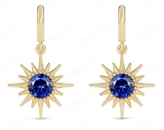 Starburst Blue Sapphire Hoop Earrings For Women 925 Silver Blue Sapphire Huggie Hoop Earrings Art Deco Minimalist Wedding Earrings For Wife