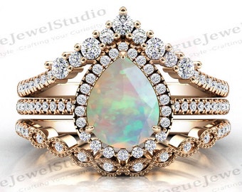 Pear Shape Opal Engagement Ring Set Natural Opal Engagement Ring Set Vintage Opal Art Deco Wedding Ring Set Rose Gold Opal Bridal Ring Set