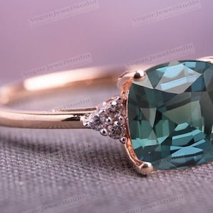 Cushion Cut Teal Sapphire Engagement Ring Color Changing Teal Sapphire Wedding Ring 14k Gold Teal Sapphire Bridal Anniversary Promise Ring