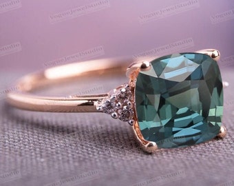 Cushion Cut Teal Sapphire Engagement Ring Color Changing Teal Sapphire Wedding Ring 14k Gold Teal Sapphire Bridal Anniversary Promise Ring
