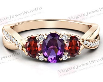 Natural Amethyst Engagement Ring 14k Gold Red Garnet Wedding Ring Cluster Engagement Ring Art Deco Multi Color Gemstone Ring Gift For Women