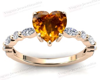 Art Deco Heart Shaped Citrine Engagement Ring 14k Gold Citrine Antique Wedding Ring Solitaire Engagement Ring Vintage Citrine Bridal Ring