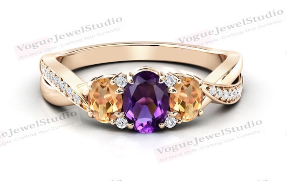 天然アメジストの婚約指輪 楕円形のアメジストクラスターの結婚指輪