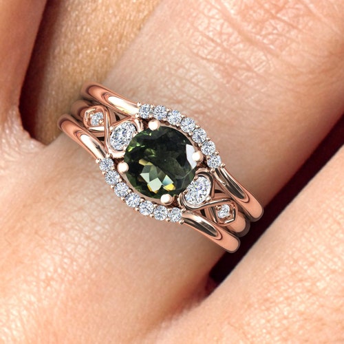 Art Deco Moldavite Engagement Ring Set Round Cut Moldavite Antique Wedding Ring Set Vintage Moldavite Bridal Anniversary Ring Set shops For Women