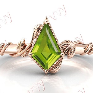 Kite Shaped Peridot Engagement Ring 14k Gold Peridot Art Deco Wedding Ring Vintage Peridot Bridal Ring Antique Leaf Style Anniversary Ring