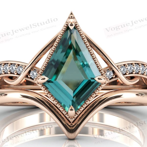 Dark Green Paraiba Tourmaline Engagement Ring Set Kite Shaped Paraiba Tourmaline Art Deco Wedding Ring Set Antique 2 Piece Bridal Ring Set