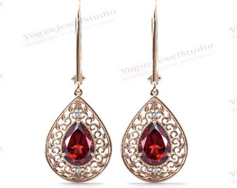 Unique Red Garnet Dangle Drop Earrings For Her Art Deco Leaf Design Earrings Antique Filigree Style Earrings Pear Shaped Red Garnet Earrings
