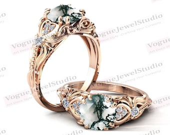 Vintage Moss Agate Engagement Ring For Women 14K Gold Moss Agate Art Deco Wedding Ring Antique Moss Agate Bridal Anniversary Promise Ring