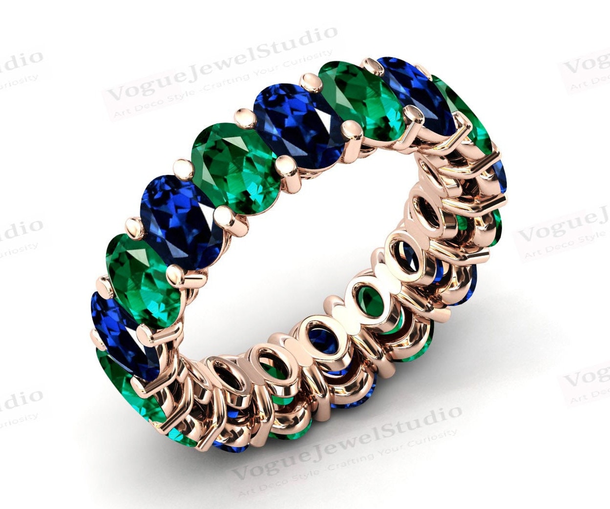 Art Deco Emerald Eternity Band For Women 14k Gold Blue Sapphire Eternity Wedding Band Multi Gemstone Cluster Wedding Band Anniversary Gift