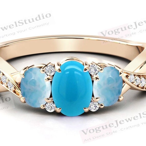 Sleeping Beauty Turquoise Engagement Ring For Women Natural Larimar Cluster Wedding Ring 14k Gold Turquoise Bridal Anniversary Ring For Her