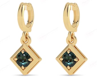 Orecchini a cerchio con zaffiri color verde acqua che cambiano colore, orecchini da sposa Art Déco delicati per donna, orecchini a cerchio Huggie con zaffiri color verde acqua in argento sterling 925