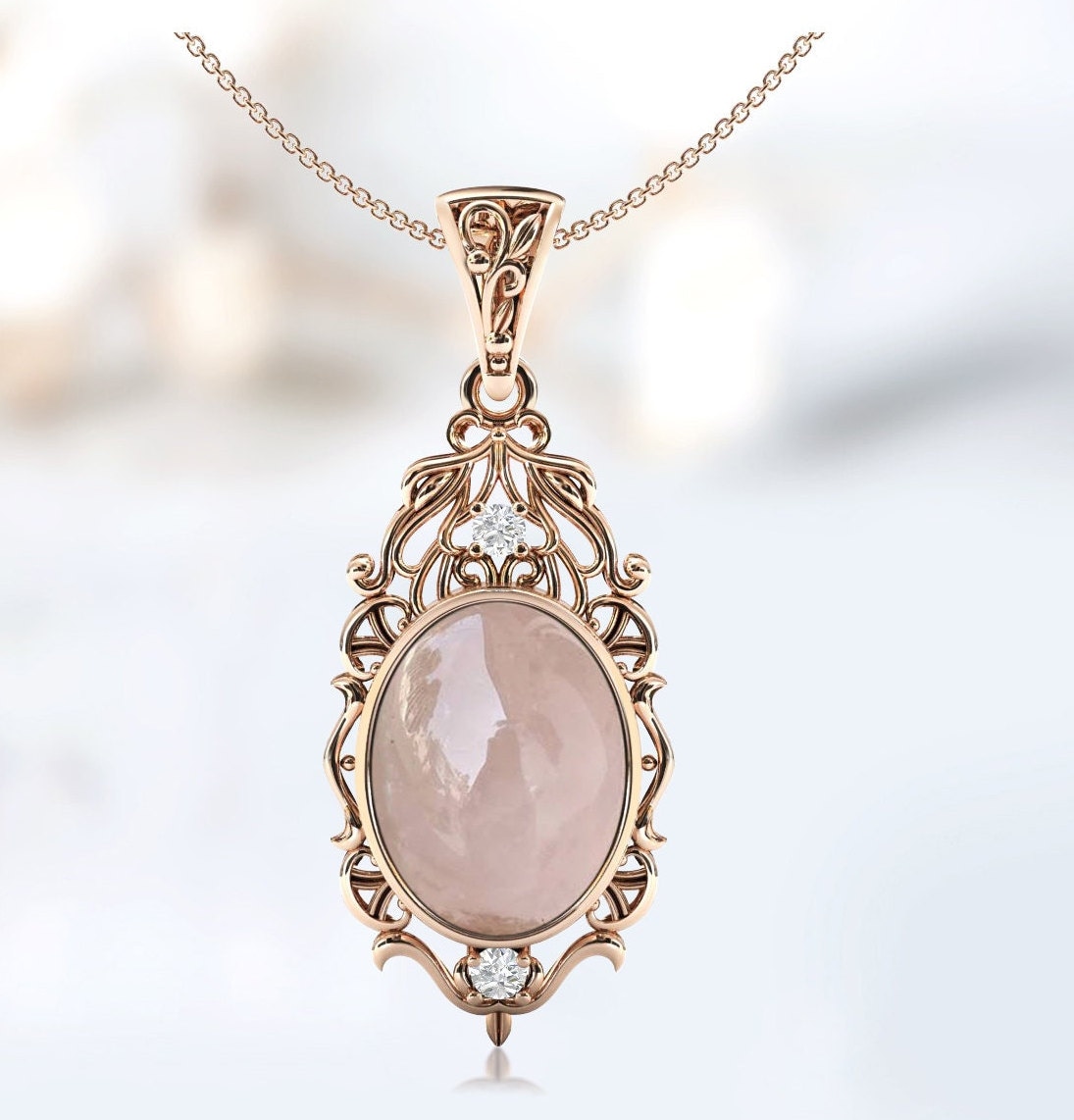 Pendentif Quartz Rose Vintage - Bijou Charmant Occasion - Pierre Rose Dominante