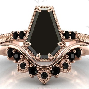 Vintage Art Deco Coffin Shaped Black Onyx Engagement Ring Set 925 Silver Black Gemstone Wedding Ring Set For Women Antique Bridal Ring Set