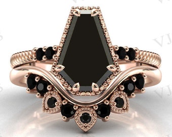 Vintage Art Deco Coffin Shaped Black Onyx Engagement Ring Set 925 Silver Black Gemstone Wedding Ring Set For Women Antique Bridal Ring Set