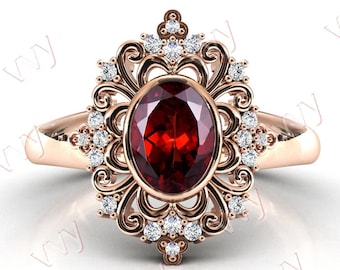 Anillo de compromiso con granate único Anillo de bodas Art Deco con granate en oro de 14 k Anillo de bodas estilo filigrana con granate en oro rosa Anillo de aniversario antiguo