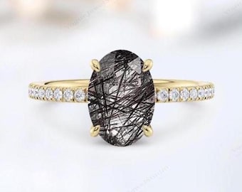 Natural Rutilated Quartz Engagement Ring Art Deco Rutile Quartz Hidden Halo Wedding Ring 925 Silver Rutile Quartz Bridal Anniversary Ring