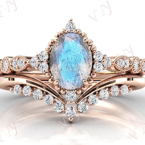 Vintage Labradorite Engagement Ring Set Antique Labradorite Art Deco Wedding Ring Set 14k Gold Labradorite Wedding Ring Set 2 Piece Ring Set