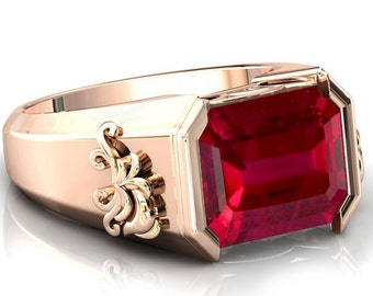 Anillo de rubí rojo único para hombre, anillo vintage unisex, anillo de sello antiguo hecho a mano para él, anillo de bodas de rubí rojo con corte esmeralda, regalo de aniversario