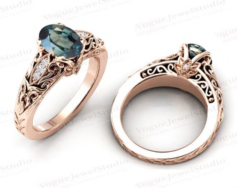 Color Changing Teal Sapphire Engagement Ring 14k Gold Teal Sapphire Filigree Design Wedding Ring Art Deco Engagement Ring Anniversary Gift