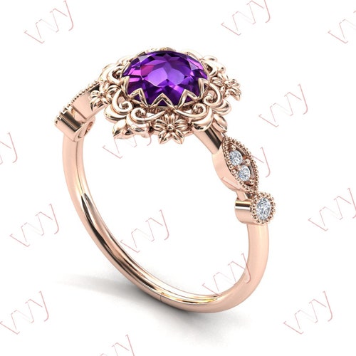 Vintage Amethyst Engagement Ring 14k Gold Amethyst Floral Wedding Ring Antique Filigree Style Ring Art Deco Amethyst shops Bridal Anniversary Ring
