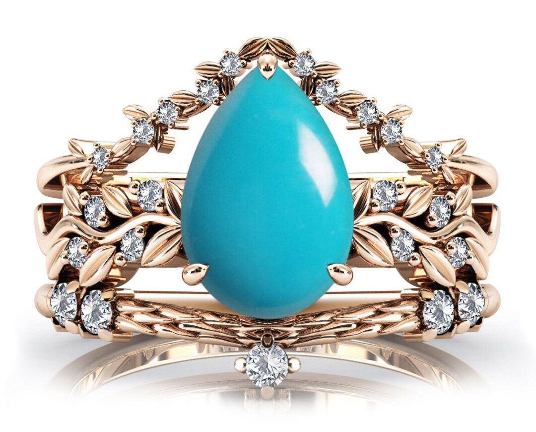 Sleeping Beauty Turquoise Engagement Ring Set Art Deco Vine Leaf Design