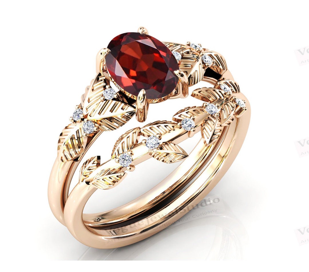 Art Deco Garnet Engagement Ring Set for Women 14k Gold Garnet Wedding ...
