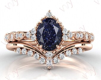 14k Gold Blue Sandstone Engagement Ring Set Vintage Blue Sandstone Bridal Ring Set Art Deco Galaxy Blue Sandstone Wedding Promise Ring Set