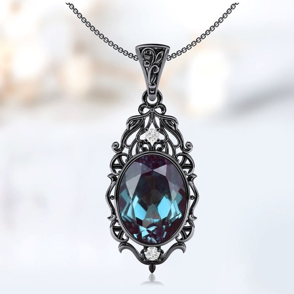 Unique Alexandrite Pendant For Women Antique Filigree Design Necklaces Oval Shaped Alexandrite Wedding Pendant Art Deco Pendant Gift For Her