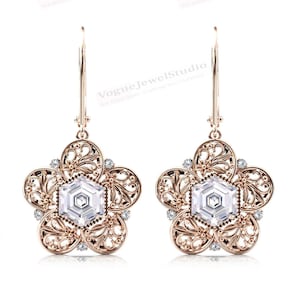 六角形のモアッサナイトイヤリング アールデコ調フィリグリーデザインイヤリング ユニークなダングルドロップイヤリング ヴィンテージフローラルスタイルイヤリング レディース