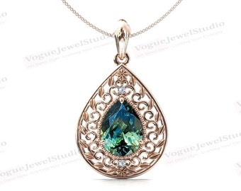 Colgante de zafiro verde azulado que cambia de color, estilo art déco, para mujer, diseño de filigrana vintage, con forma de pera, de zafiro verde azulado.
