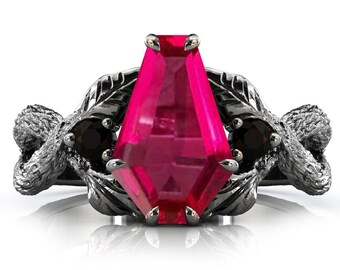 Art Deco Leaf Design Ruby Engagement Ring Coffin Shaped Red Ruby Wedding Ring Nature Inspired Ruby Bridal Ring Unique Branch Engagement Ring