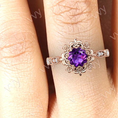 Vintage Amethyst Engagement Ring 14k Gold Amethyst Floral Wedding Ring Antique Filigree Style Ring Art Deco Amethyst shops Bridal Anniversary Ring