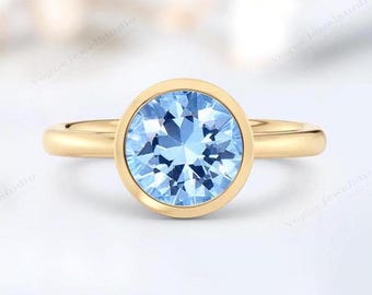 Unique Sky Blue Topaz Engagement Ring Bezel Set Blue Topaz Wedding Ring 14k Gold Blue Topaz Bridal Anniversary Ring Vintage Engagement Ring
