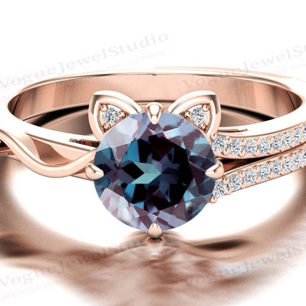 Vintage Alexandrite Engagement Ring 14k Gold Alexandrite Art Deco Wedding Ring for Women Antique Alexandrite Bridal Ring Anniversary Gift