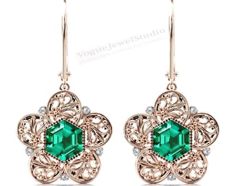 Art Deco Floral Emerald Dangle Drop Earrings Hexagon Shaped Emerald Earrings Rose Gold Filigree Design Earrings Antique Leaf Style Earrings
