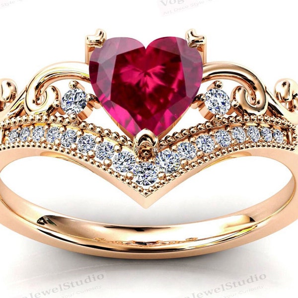 Art Deco Heart Shaped Ruby Wedding Ring 14k Gold Red Ruby Engagement Ring Antique Filigree Style Bridal Ring Unique Anniversary Gift For Her