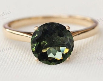 AAA Moldavite Engagement Ring Vintage Solitaire Engagement Ring 14k Rose Gold Moldavite Gemstone Wedding Ring Unique Bridal Solitaire Ring
