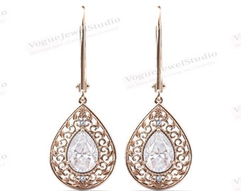 Aretes de estilo de hoja Art Deco Pendientes de boda Moissanite en forma de pera Pendientes de diseño de filigrana antigua Pendientes de gota colgantes únicos para mujeres