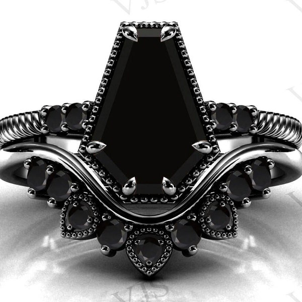 Art Deco Coffin Shaped Black Onyx Engagement Ring Set For Women Antique Black Onyx 2 Pcs Wedding Ring Set Unique Black Onyx Bridal Ring Set