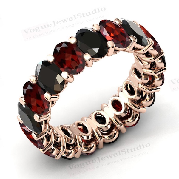 14k Gold Red Garnet & Black Onyx Eternity Band Sterling Silver Black Onyx Eternity Wedding Band Art Deco Cluster Engagement Band For Women