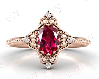 14k Gold Red Ruby Engagement Ring Art Deco Ruby Filigree Style Wedding Ring Women Antique Ruby Bridal Promise Ring Vintage Anniversary Ring