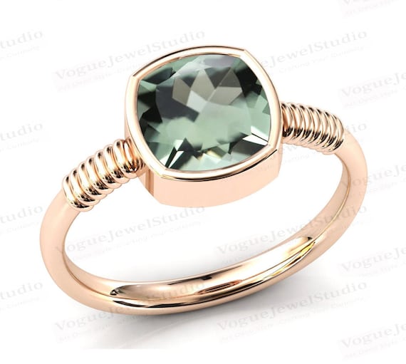 Bezel Set Green Amethyst Engagement Ring Cushion Shaped Green Etsy