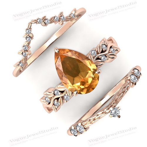 Vine Leaf Design Citrine Engagement Ring Set 14k Gold Citrine Art Deco Wedding Ring Set Pear outlet Shaped Citrine 2pcs Bridal Ring Set For Women