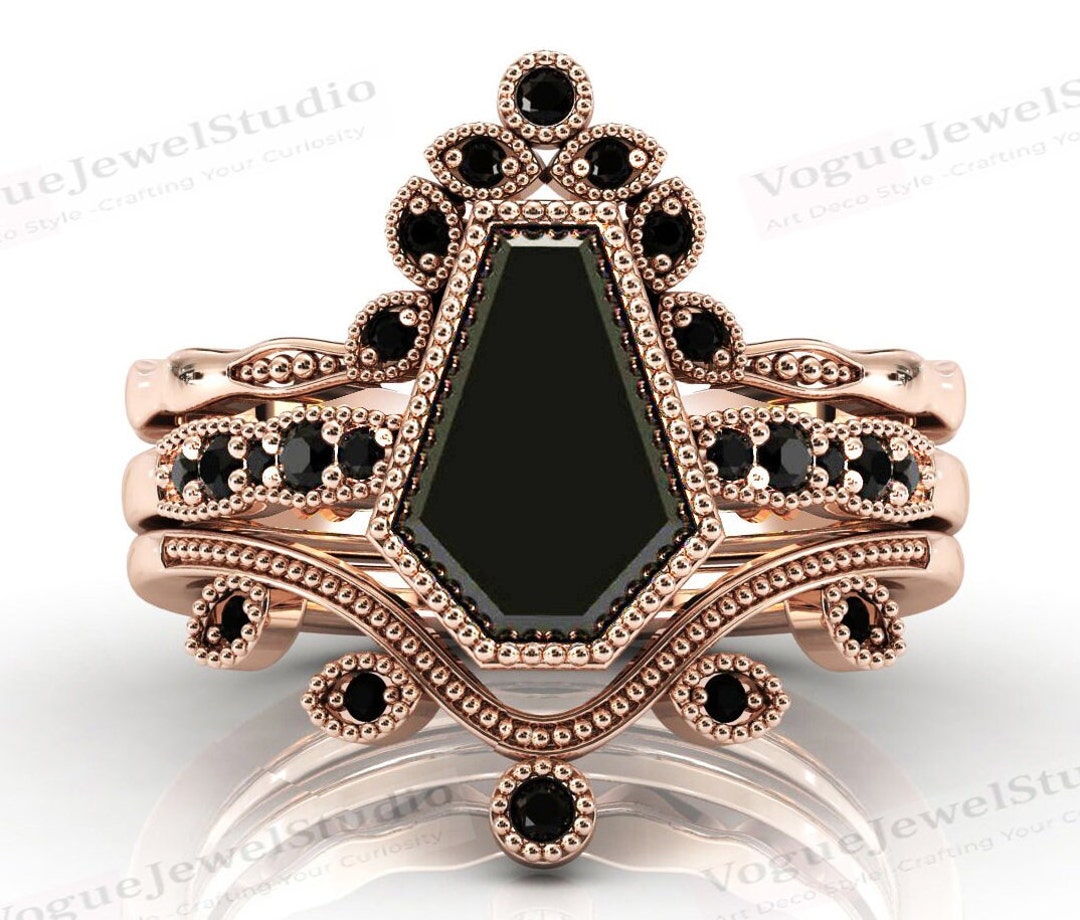 Antique Coffin Shaped Black Gemstone Ring Set for Women Vintage 