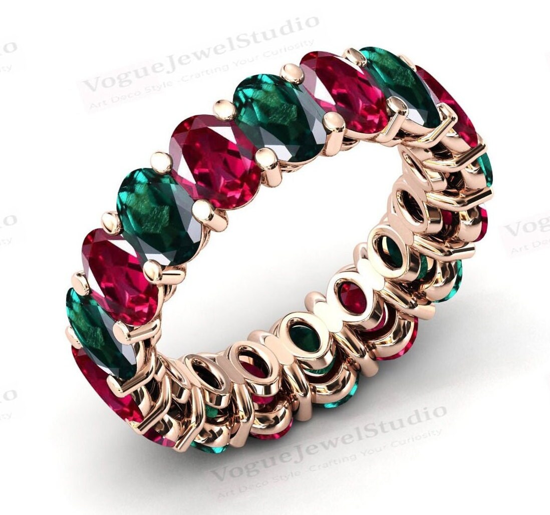 Art Deco Ruby & Emerald Eternity Wedding Band 925 Sterling Silver Stacking Band For Her Oval Shaped Ruby Infinity Engagement Band For Women