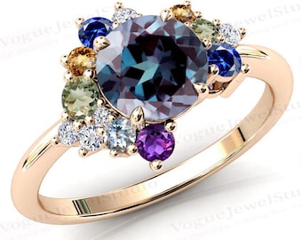 Vintage Alexandrite Engagement Ring 14k Rose Gold Multi Stone Cluster Wedding Ring Art Deco Cluster Engagement Ring Anniversary Promise Ring